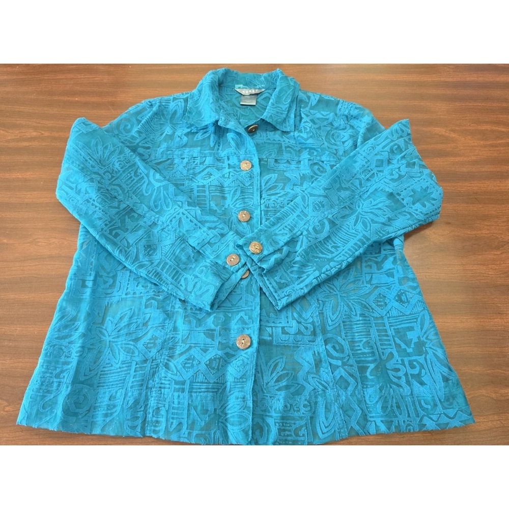 Koret Button Front Top Women L Teal Blue Sheer Textured Art To Wear Shirt Jacket